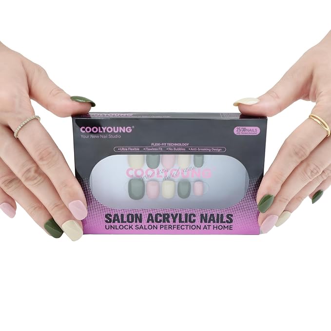 COOLYOUNG Press On Nails Short Square, Mixed Color - Pink, Beige, Green, 25 PCS Handmade Acrylic Fake Nails