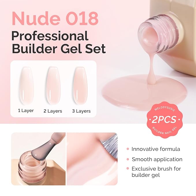 MelodySusie 2PCS 15ML 018 Nude Builder Nail Base Gel for Nails Thickening,Soak Off UV Extension Gel,Rhinestone Glue in a Bottle for Nail Art Design Gift for Women DIY Manicure at Home