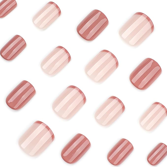 Brown French Tips Press On Nails Short, Acrylic Press On Nails Square, Glossy Fake Nails Kit, Thick Natural Reusable Stick On Nails for Women, 24Pcs