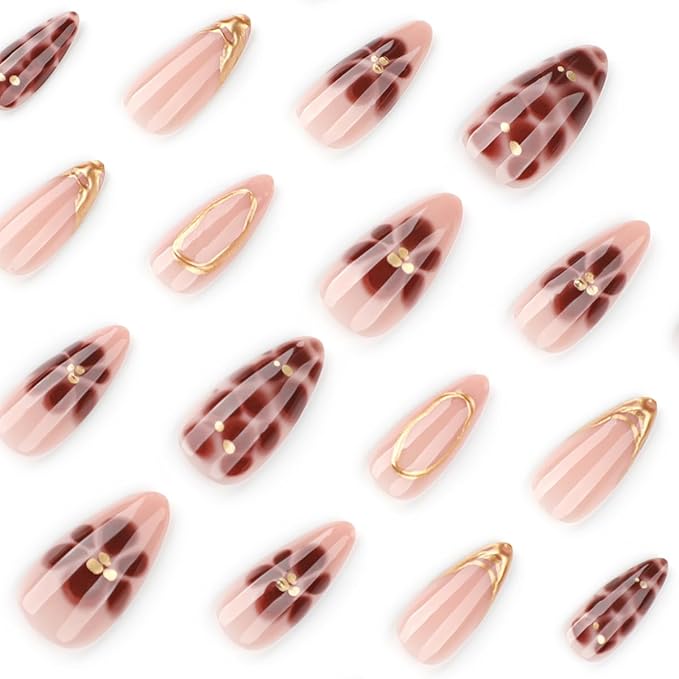 24Pcs Almond Shaped French Tip Chrome Gold 3D Lines Design Acrylic Press-On False Nails for Women Girls Manicure Decor