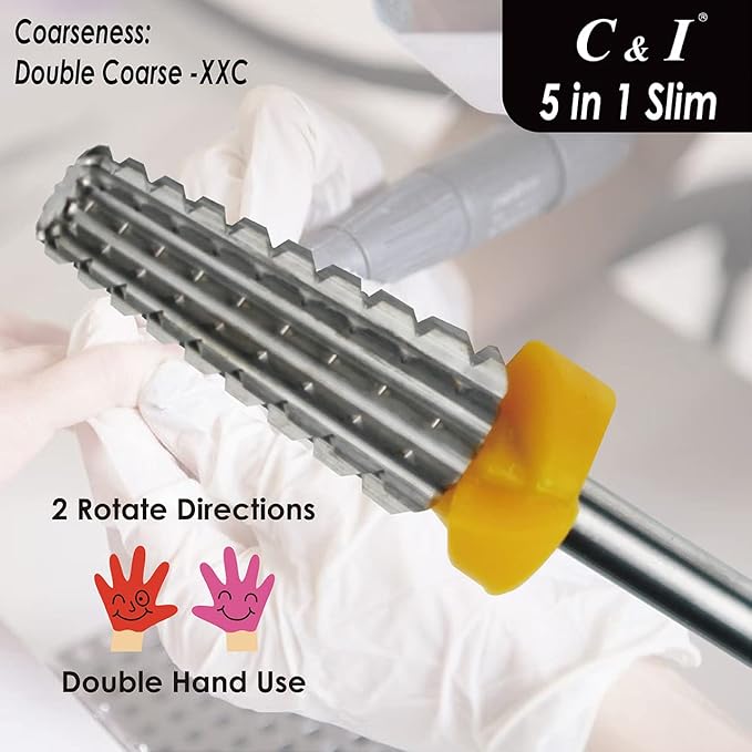 C & I 5 in 1 Nail Drill Bit, Slim Edition, Professional Manicure Drills for Electric Nail Drill Machine (Double Coarse -XXC)
