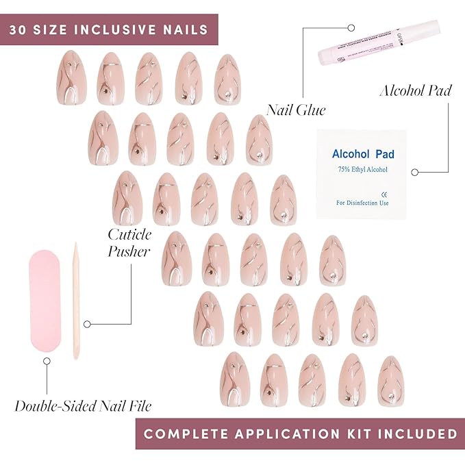 Glamnetic Press On Nails - Astro Fake Nails | Semi-Transparent 3D Metallic Silver Swirl Short Almond Fake Nails in a Glossy Finish | 15 Sizes - 30 Nail Kit with Glue