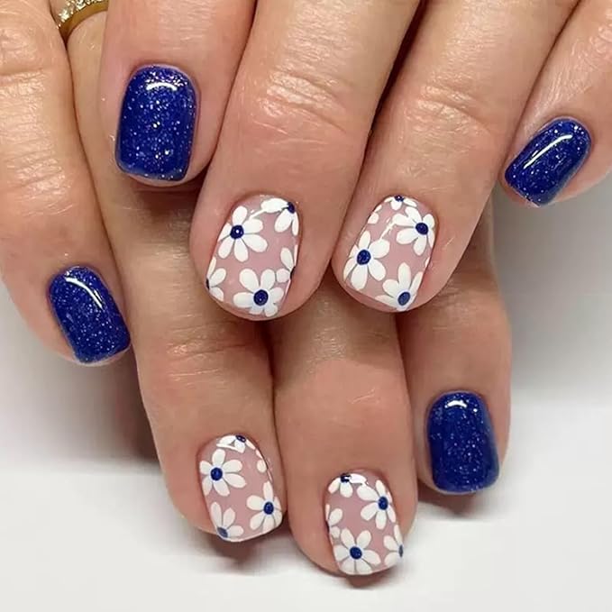 6 Packs (144 Pcs) Flower Press on Nails Short Square Fake Nails Floral False Nails with Designs Spring Summer Glue on Nails Full Cover Glossy Acrylic Stick on Nail for Women Girls Manicure