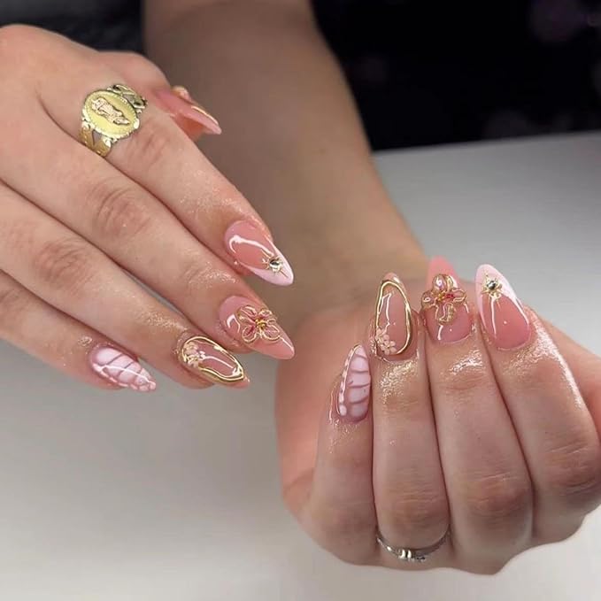 Medium Almond Press on Nails Handmade Stick on Nails with 3D Flowers Charm Design Rhinestone French Tips False Nails Gold Irregularity Fake Nails Glossy Handmade Glue on Nails for Women Manicure 24Pcs