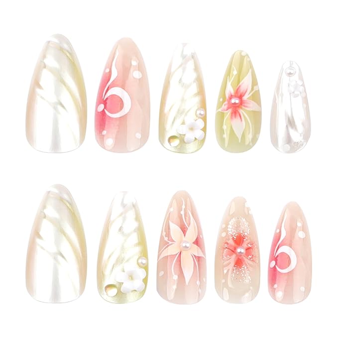 Almond Press on Nails Medium Fake Nails Ombre with 3D Flower Design Glossy Full Cover False Nails for Women Manicure 24Pcs