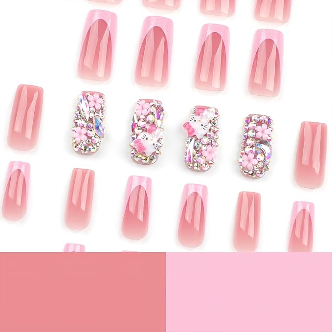 Pink Glitter French Tip Press on Nails Medium Square Fake Nails Glossy Rhinestones Full Cover Coffin False Nail with Rhinestones Charms Design Acrylic Nail for Women 24Pcs