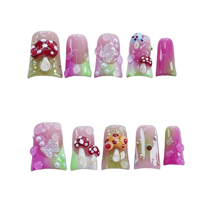 10pcs Handmade Press on Nails Medium Duck Curve Shape – 3D Floral Mushroom Jelly Shell Bow Cherry Chrome Bling Thick Reusable Fake Nails,Boho Y2K Aesthetic Accessories (mushroom, S)