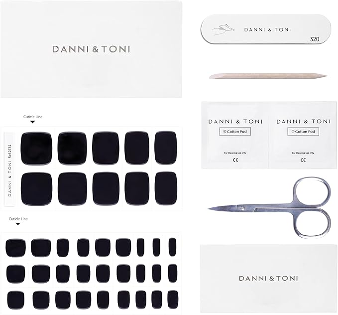DANNI & TONI Semi Cured Gel Toenail Strips Matte Black (Black Velvet) Solid Color Glazed Gel Pedi Wraps 37 Stickers