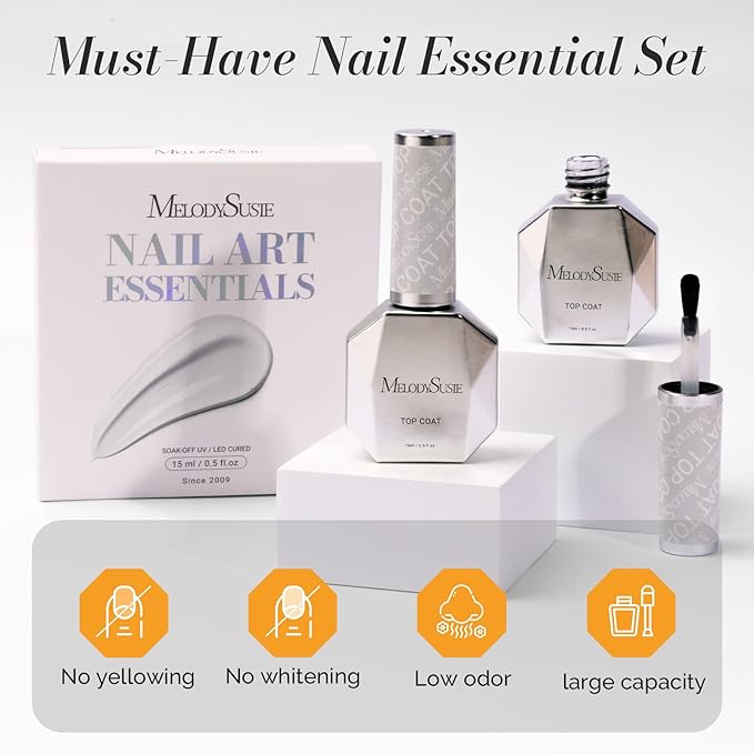MelodySusie 2PCS 0.5fl oz Gel Top Coat Set,No Wipe High Gloss Shine Finish Long Lasting Top Gel for Clear Nail Gel and Acrylic Nails,essential for Home DIY and Nail Salon