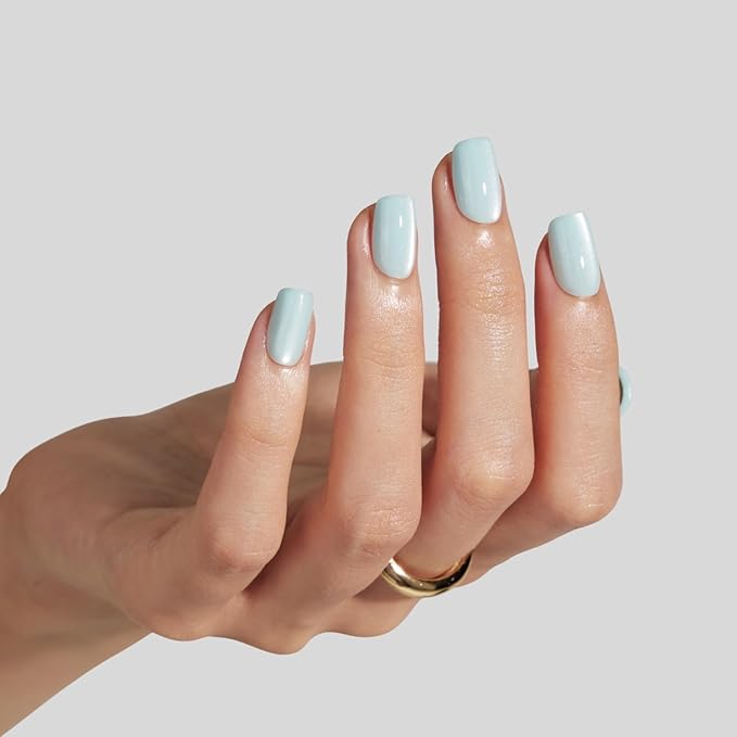 LAMIMOSA 32Pcs Light Blue Cat Eye Press On Nails Short Square, Soft Gel Baby Blue Fake Nails in 16 Sizes, Reusable Glue on Nail kit, AQUAMARINE QUARTZ