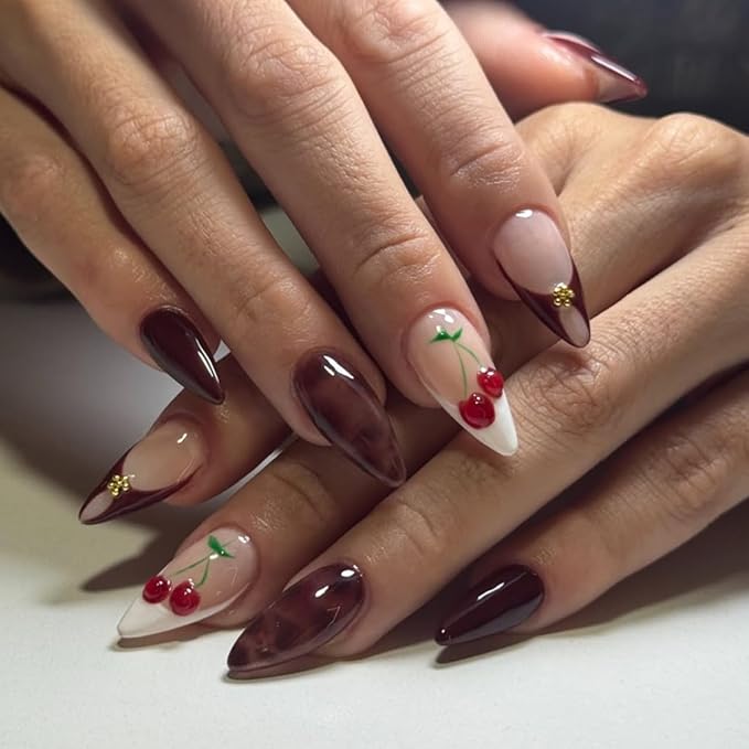 Medium Press on Nails Almond - Winter Brown Fake Nails with Cherry Pattern Design - French Tip Glossy Full Cover Stick on False Nails - for Women 24 Pcs