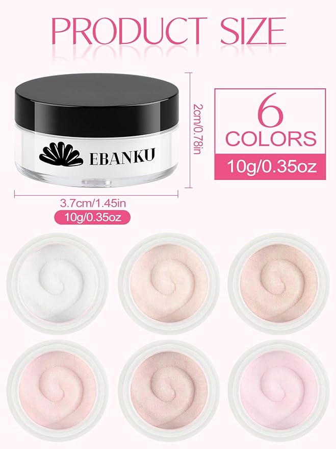 EBANKU Nude Pink Acrylic Powder Set, 6 Colors Jelly Pink, White, Nude - 6 * 10g/0.35oz for Nail Extension, Carving, French Nail