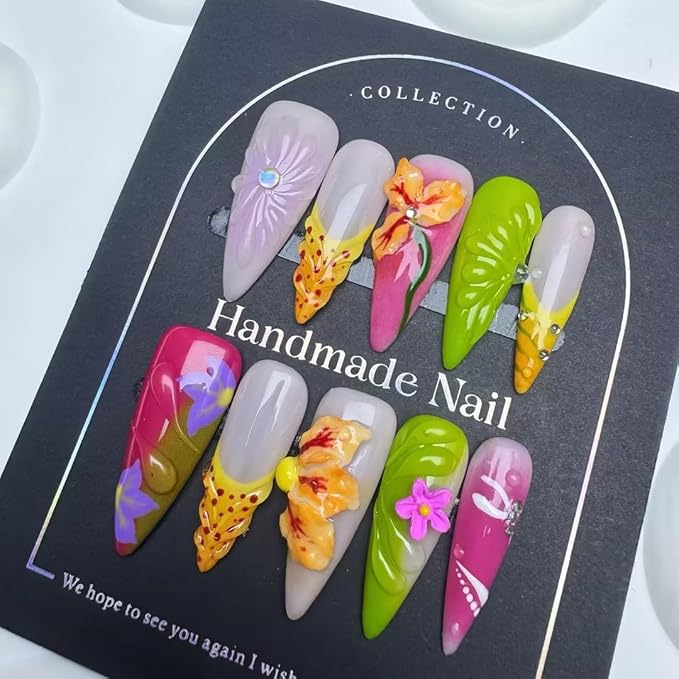 Press on Nails Handmade Stiletto Almond Shaped Medium False Nails Luxury 3D Flower and Droplet Design Full Cover French Tip Muti-Layer Gel Fake Nail Colorful Stick on Nails for Women DIY Nail Art（S)