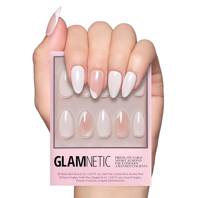 Valentines Day Glamnetic Press On Nails - Lovey Dovey | Glossy, Semi-Transparent Short Almond Nails with Abstract Accents, Salon Quality | 15 Sizes - 30 Nail Kit with Glue