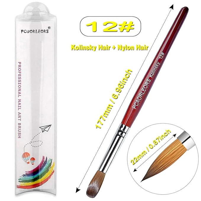 Acrylic Nail Brush with Pure Kolinsky Sable Hair and Red Wood Hand, Round/Flat Professional Gel Brush for Acrylic Power and Nail Extension Size #8,10,12 (2Pack(#12))