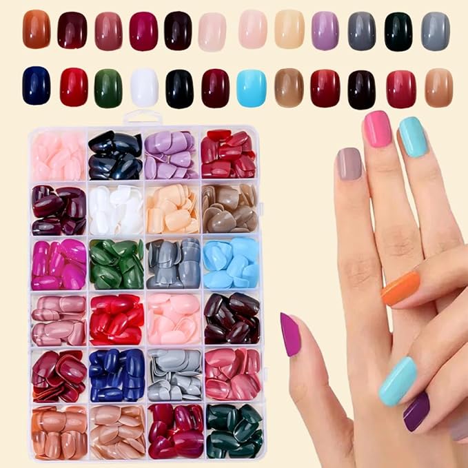 24Packs 576Pcs Squoval Press on Nails Short Round Fake Nails Solid Color Acrylic Nails Glossy Oval Pure Artificial False Nails Colorful Nature Glue on Nails for Women Girls Manicure Nails Decoration