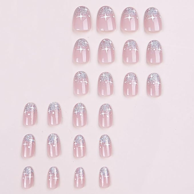 Silver Glitter French Press on Nails Short Almond fake Nails White Starburst false Nails Full Cover Color Gradient Glitter Glossy Acrylic Nails for Women and Girls DIY Manicure Decoration 24Pcs