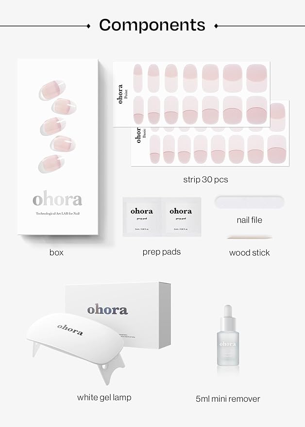 ohora Semi-Cured Gel Nail Strips Value Set (N Essential French Starter Kit) Includes Full Size Lamp and Mini Remover, Salon-Quality, Long Lasting, Easy to Apply & Remove