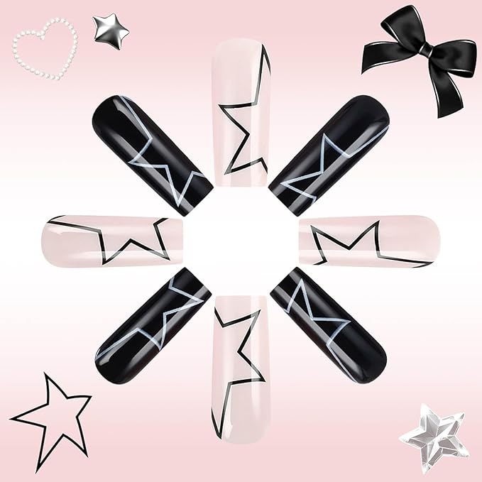Long Press on Nails Square Pink French Tips Fake Nails with Star Charms Designs False Nails Press ons Glossy Glue on Acrylic Nails Black Full Cover Y2K Stick on Nail for Women Girls 24Pcs