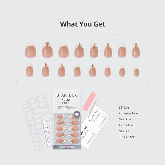 BTArtbox Press On Nails Short - Starlight Frost, 3D Gold French Tip Press On Nails with Glue and Adhesive Tabs for Women in 16 Sizes - 32 Soft Gel Glue On Nails Kit