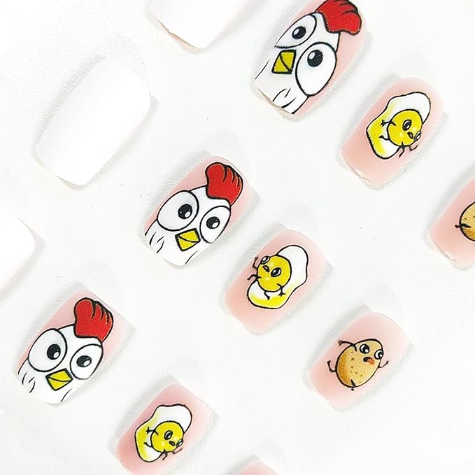 24 Pcs Easter Press on Nails Short Square Fake Nails Cartoon Yellow Cute Chick Designs Easter Matte False Nails Full Cover Stick on Nails for Women Girls Easter Spring Party Nails Art Decorations