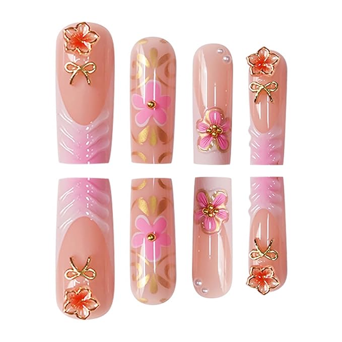 Long Square Press on Nails White French Tip Fake Nails Pink Gradient Glue on Nail with Golden Glitter Swirl 3D Flower Design Acrylic Nail 24Pcs Glossy Stick on False Nails for Women