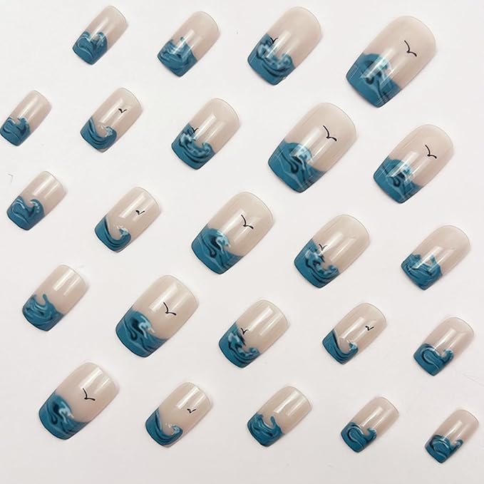 Summer Press on Nails Medium Square Fake Nails Beach False Nails French Tip Nails Press ons with Wave Designs Acrylic Nail Full Cover Glue on Nails Artificial Stick on Nails for Women Manicure 24Pcs