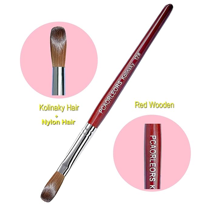 Acrylic Nail Brush with Pure Kolinsky Sable Hair and Red Wood Hand, Round/Flat Professional Gel Brush for Acrylic Power and Nail Extension Size #8,10,12 (2Pack(#8))