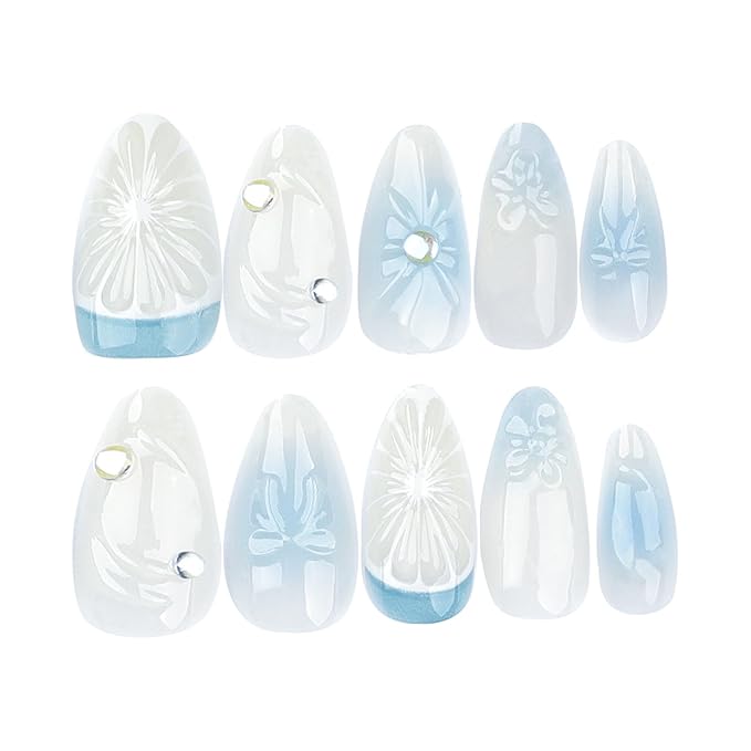 Medium Press on Nails Almond Fake Nails with 3D Lemon Design Blue Ombre Full Cover Stick on False Nails for Women Manicure 24Pcs