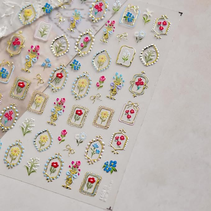 5D Embossed Flower Frame Nail Stickers Colorful Daisy Nail Designs 3D Self-Adhesive Floral Decals Summer Red Rose Bow Sunflower Nail Art Decoration for Women Girls DIY Manicure 1 Sheet