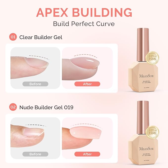 MelodySusie 2PCS 15ML Clear Nude Pink Builder Nail Base Gel for Nails Thickening,Soak Off UV Extension Gel,Rhinestone Glue in a Bottle for Nail Art Design Gift for Women Salon DIY Manicure at Home
