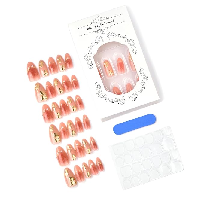 30Pcs Valentines Press on Nails Medium Almond Fake Nails Gold Flower Nails Press Ons with Pearl Design Rose False Nails Glossy Glue on Nail Nude Pink Stick on Nail for Women Decoration Set