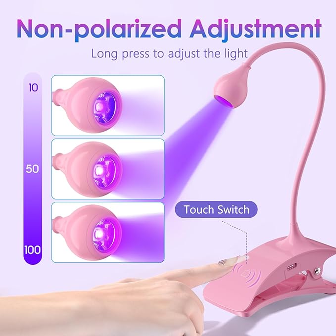 AORAEM UV Nail Lamp Rechargeable Gooseneck UV Light for Gel Nails Touch Flash Cure Lamp Nail Dryer with Clamp, Portable LED Gel Light 3 Level Timing Home Professional DIY Manicure Salon (Pink)