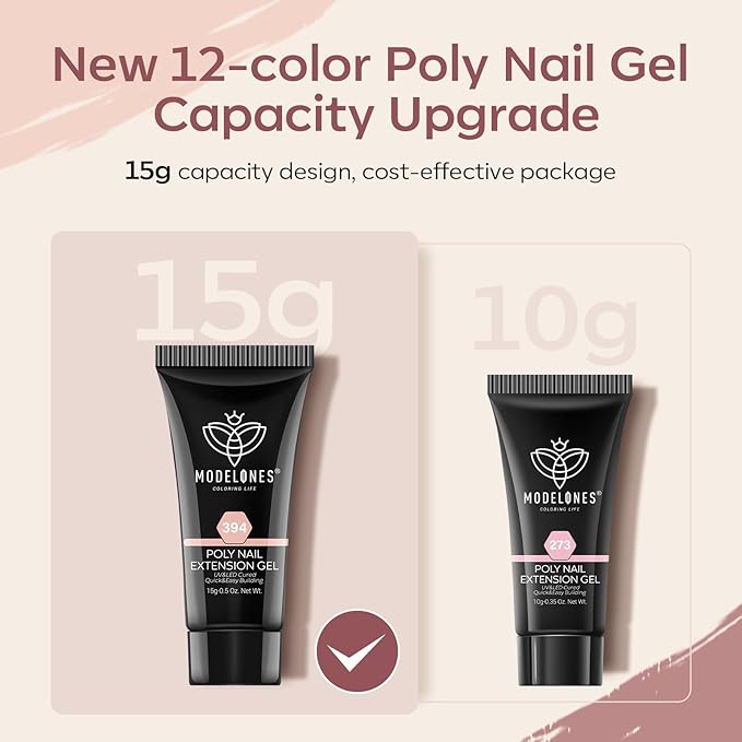 modelones Poly Nail Gel Set - 12 Colors 15g Nude Pink Brown Tone All Seasons Poly Nail Extension Gel Kit Trendy Art Design Professional Salon at Home Holiday Gift for Girl