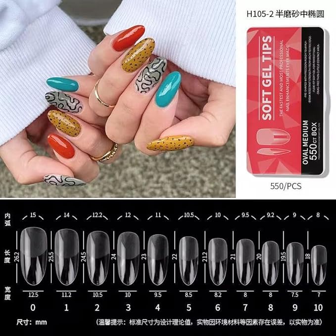 Gel Nail Tips Shape, 550 Pcs Half Matte Pre-Etched Press On False Nails, Full Cover Acrylic Nail Tips Kit for Nail Extensions, DIY Salon Nails. (Oval Medium, Clear)
