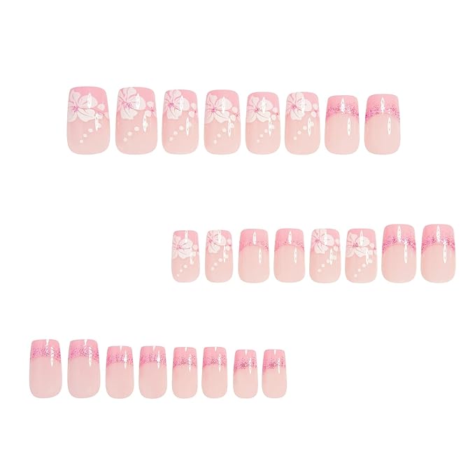 Press on Nails Square - Medium Fake Nails with flower Design - Pink French, Glitter, Spring False Nails for Women 24 Pcs