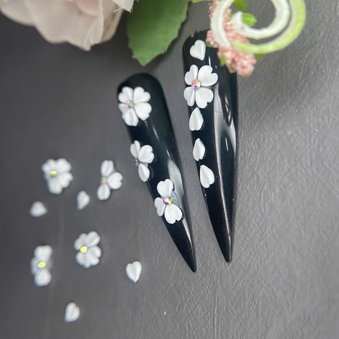 Set White 3D Flowers for Nails, Handmade 3D Acrylic Flowers for Wedding Nails, Valentine Flower Nail Charms Rhinestones Gems by Acrylic Powder Design Deco Nail Art Women Girls (White Heart)
