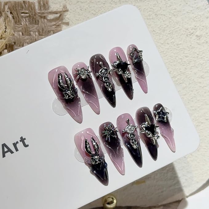 Gothic Press-On Nails, Pink to Black Ombre, Stiletto Shape with 3D Halloween Charms, Handmade False Nail 10 Pieces (Medium, LS)