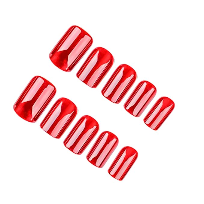 Red Press on Nails Medium Square Fake Nails Wine Red Cat Eye False Nails Glossy Chrome Glue on Nails Shiny Glitter Reusable Artificial Acrylic Nail for Women Girls Manicure 24Pcs