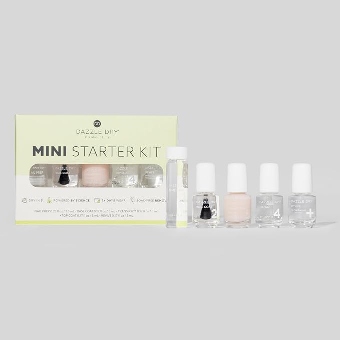 Dazzle Dry Complete Starter Mini Kit | Step 1 - Nail Prep, Step 2 - Base Coat, Step 4 - Top Coat, Transform - Ridge Filler & Revive - Polish & Top Coat Thinner. (Pack of 2)