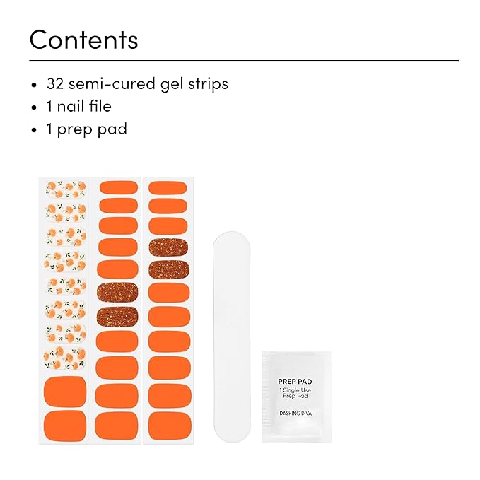 Dashing Diva Gloss Nail Strips - The Great Pumpkin - UV Free, Chip Resistant, Long Lasting Gel Nail Stickers - 3-Piece Halloween Manicure Set - Contains 32 Wraps, 1 Prep Pad, 1 File