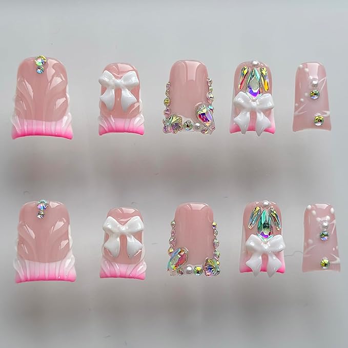 Luxury Press on Nails Short Duck Handmade 3D Unique Reusable ABS Material Fake Nails Pink French Tip False Nails with Designs Bow Rhinestones Glossy Glue on Nail Thick Acrylic Nail(M)