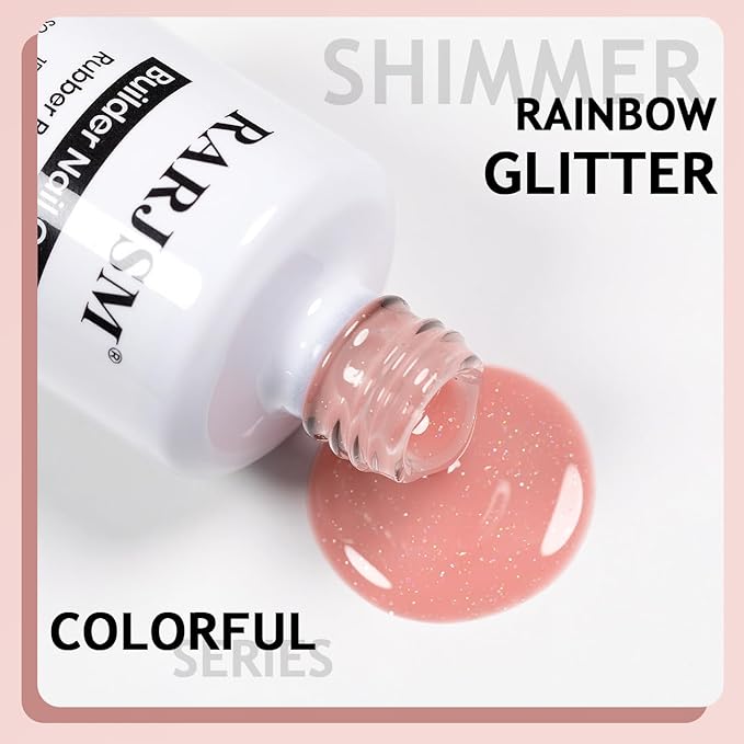 RARJSM Glitter Rubber Base Gel Nail Polish Nude Peach Pink Rubber Base Rainbow Iridescent Shimmer Brush on Quick Extend Builder Hard Gel Soak Off Curing Requires 15ml Salon Home French Manicure