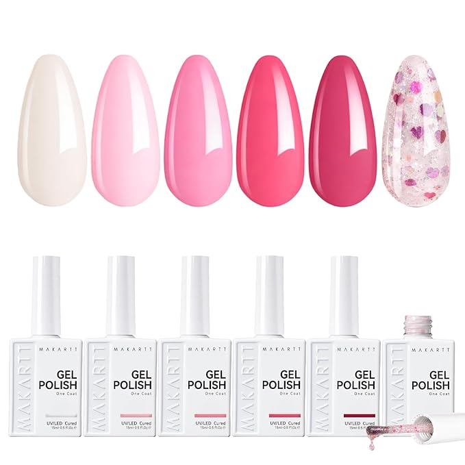 Makartt Pink Gel Nail Polish Set 15ml One N'Done 6 Colors Pink Gel Polish Kit High-Gloss Love-Heart Glitter White Rose Red, Salon-Grade UV Nail Art Manicure DIY Salon Home - Little Love Notes