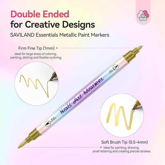 SAVILAND 12 Colors Nail Polish Pens Set: 20s Quick-Drying Dual-Tip Acrylic Paint Nail Art Pens Fine Tip for Painting Nails, Drawing Dots, Lines & Designs, Home DIY Nail Art Supplies