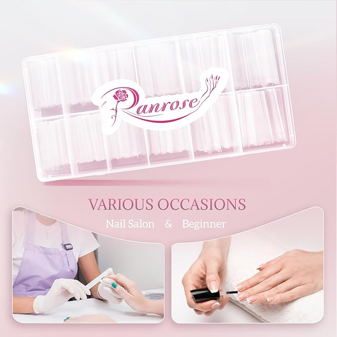 Ranrose 600PCS Clear Extra Long Nail Tips for Acrylic Nails Professional, No C Curve Gel Tips 12 Size XXXL Pre-shaped Half Cover Fake Nail for Press On Nail Extensions
