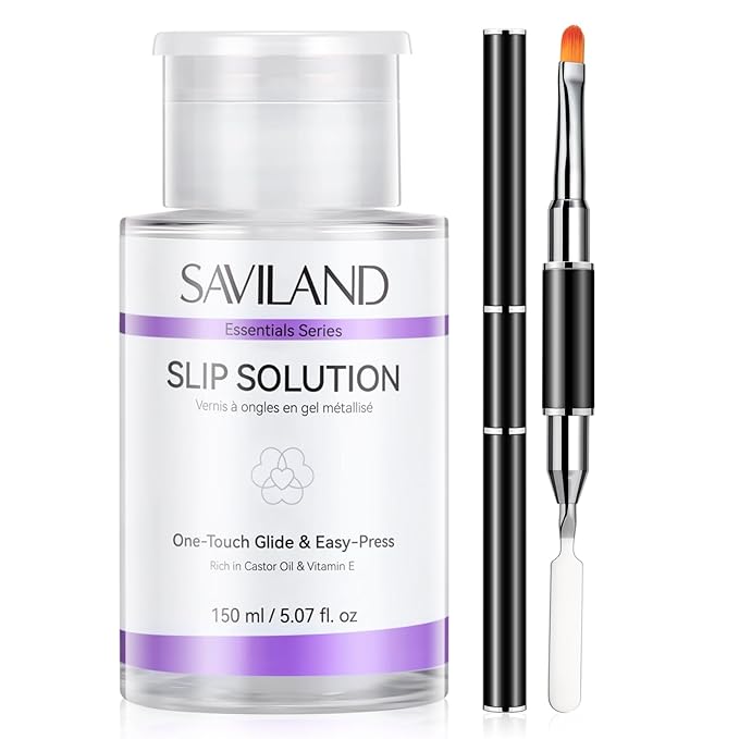 SAVILAND Slip Solution Kit for Poly Nail Gel: 150 ml/5.07fl.oz Nail Extension Slip Solution with Dual-Ended Nail Brush, Large Capacity One-Touch Glide No-Stick Liquid Easy for Nail Art Extension DIY