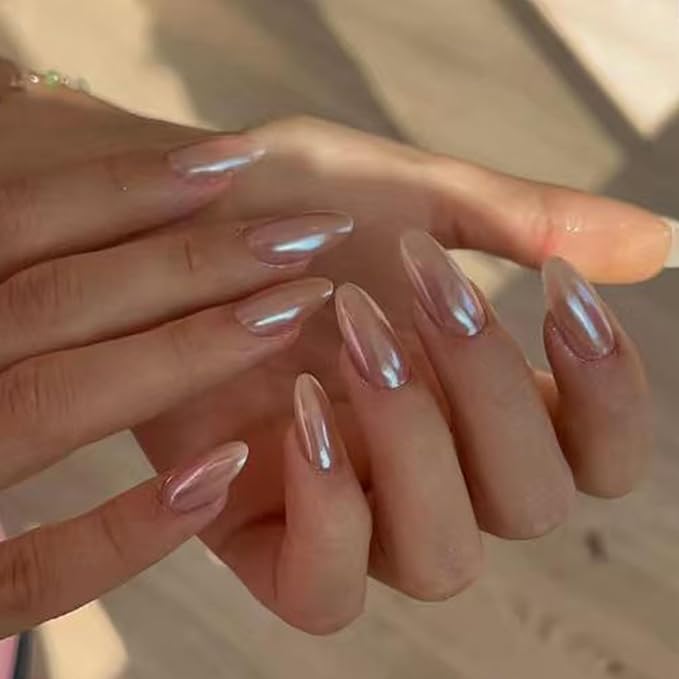 Modelones Chrome Pink Press on Nails, Spring Pearl Short Almond Fake Nails, Reusable Nail Kit with Nail Glue Adhesive Tabs Mini Nail File, Nails Press Ons 32 Pcs 16 Sizes