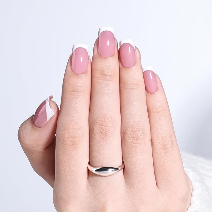White French Tip Press On Nails - Pink Short Square Fake Nails, Square White Press On Nails Reusable Stick On Nails in 16 Sizes, 32pcs False Nail Kit for Women & Girls (Pink White French)