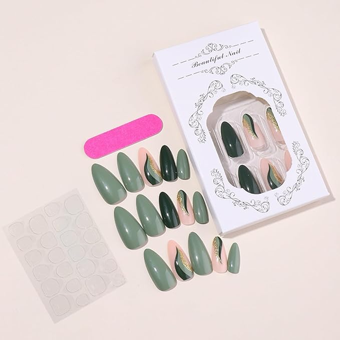 Press on Nails Green - Medium Almond Fake Nails with Gold Foil Design - Christmas, Glossy Full Cover Stick on Nails - for Women 24 Pcs